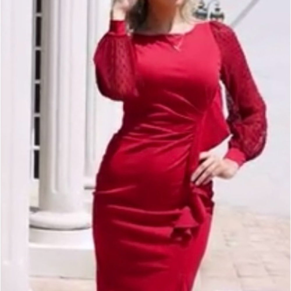 Red dotted Long sleeve fitted 3/4 length dress size L